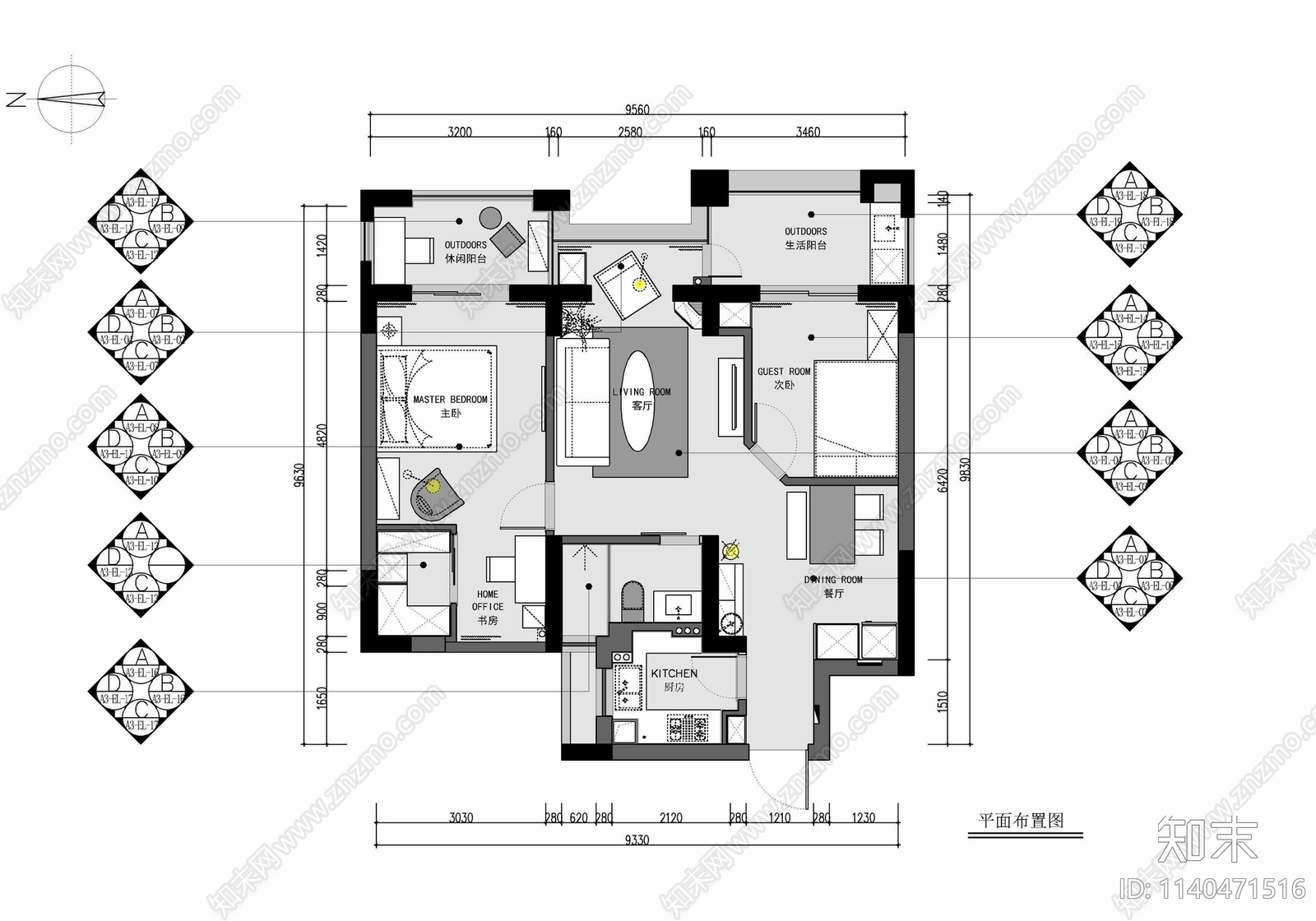 90㎡家装两居室平层cad施工图下载【ID:1140471516】