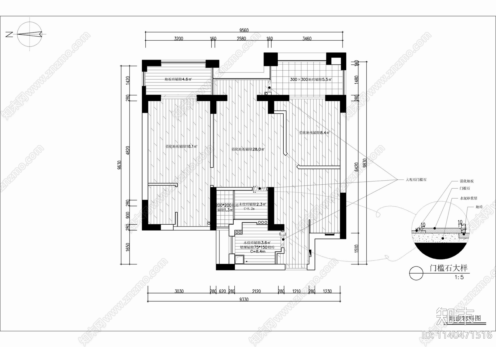 90㎡家装两居室平层cad施工图下载【ID:1140471516】