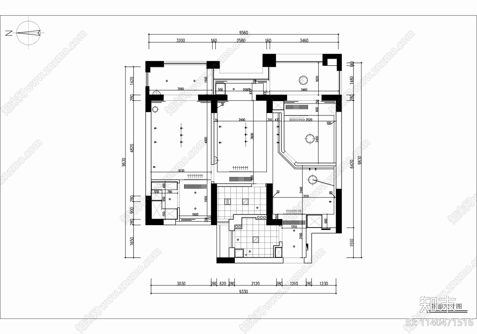 90㎡家装两居室平层cad施工图下载【ID:1140471516】