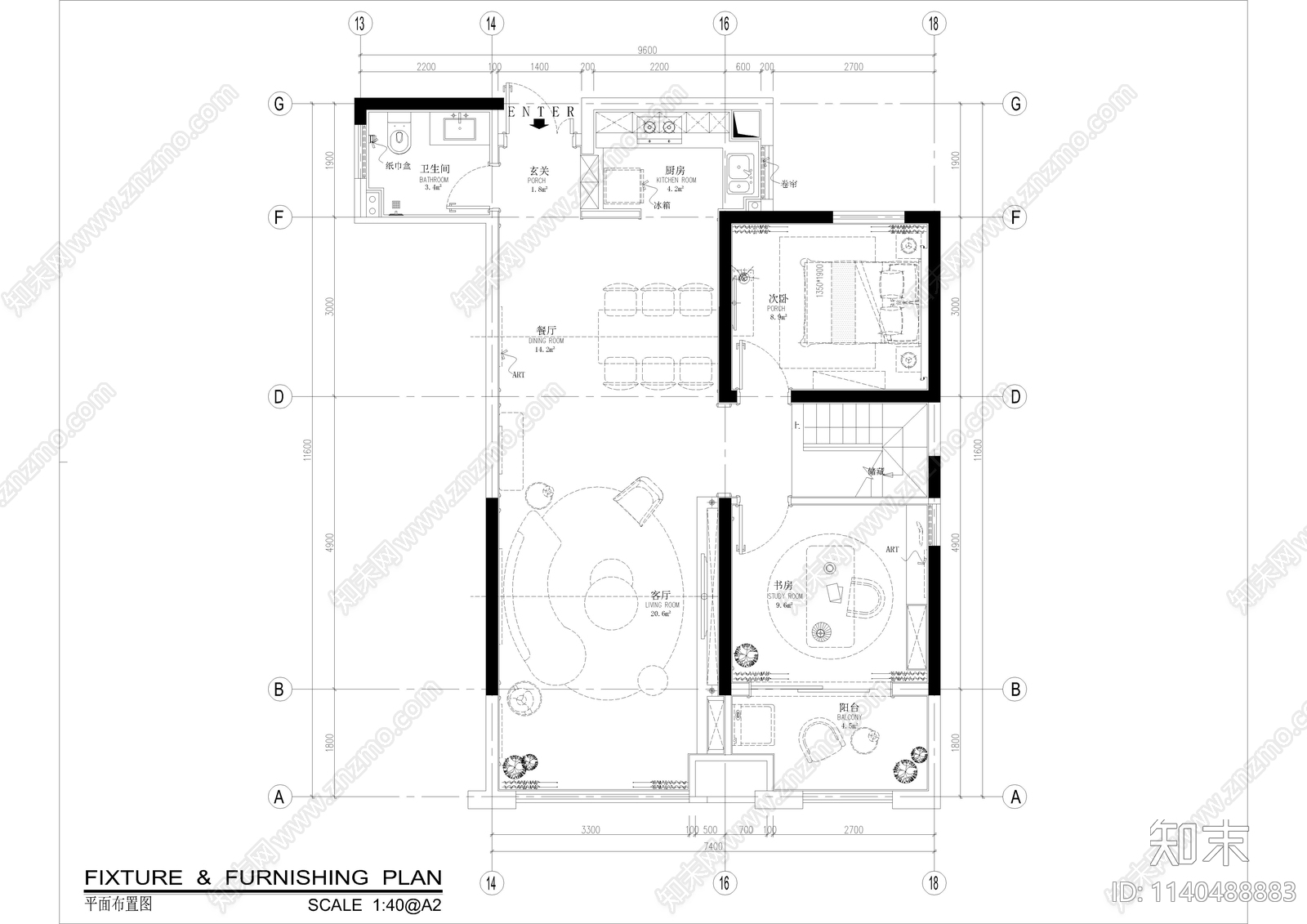 平层家装cad施工图下载【ID:1140488883】