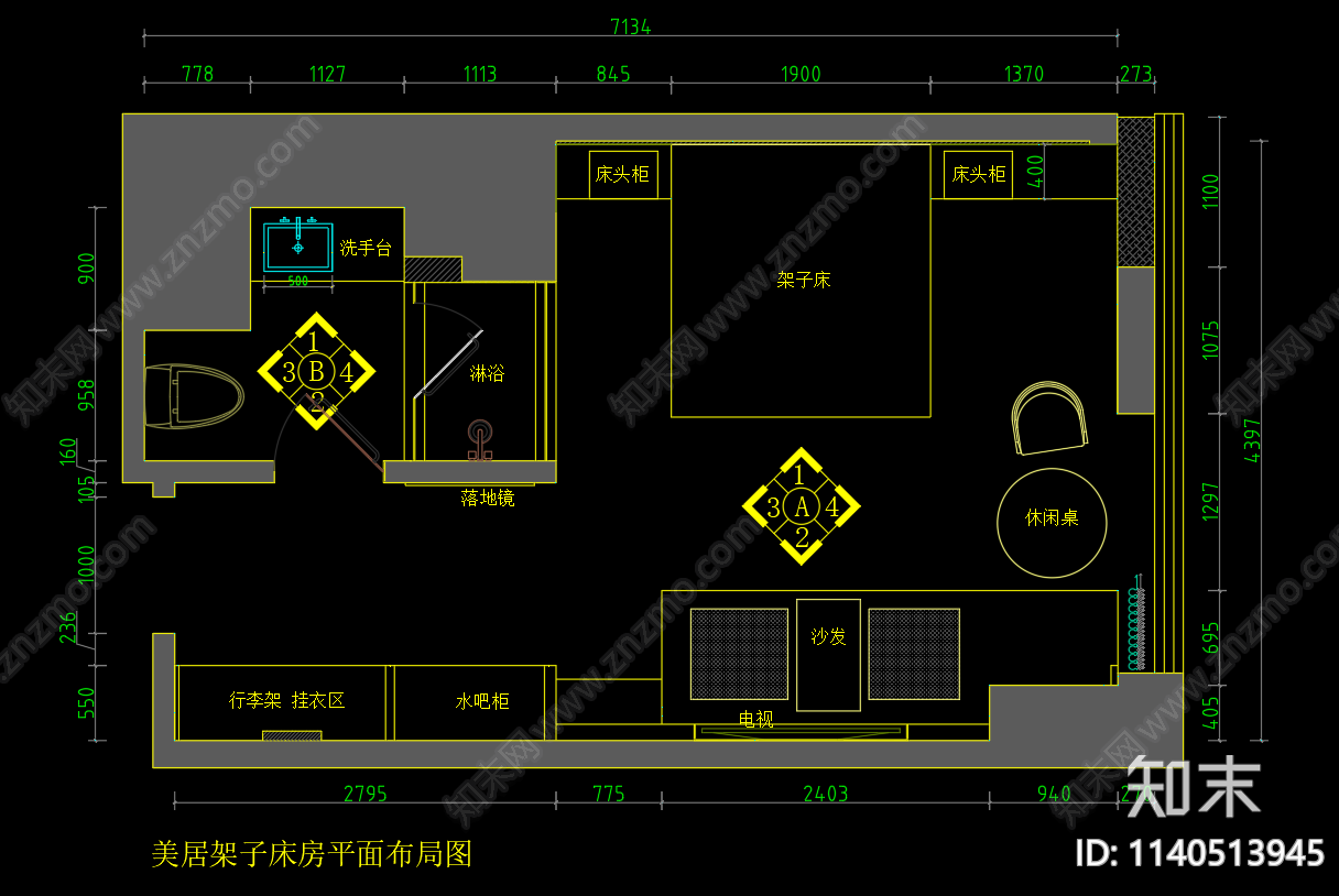 酒店客房cad施工图下载【ID:1140513945】