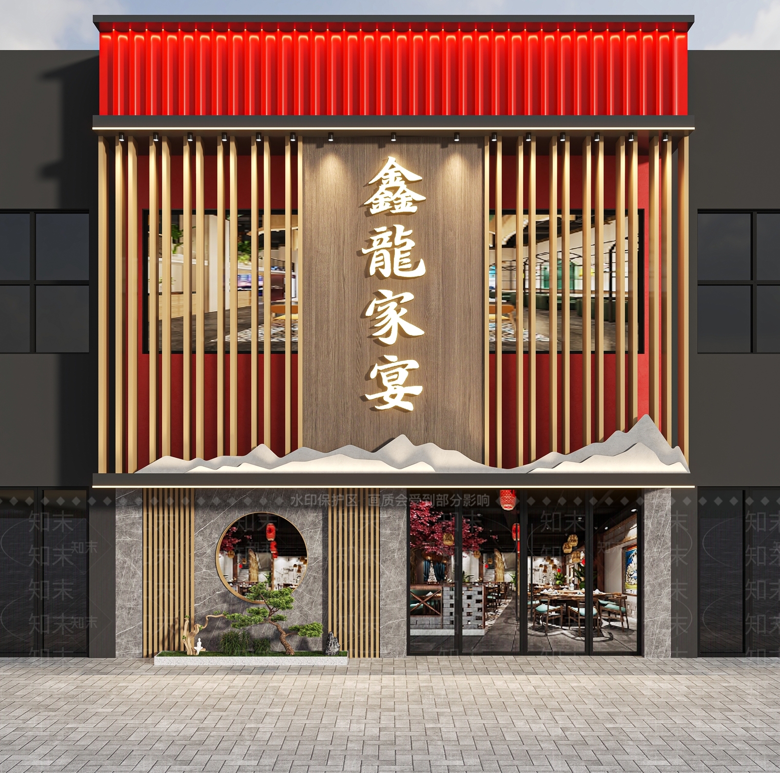 新中式饭店门头门面3D模型下载【ID:1140526176】