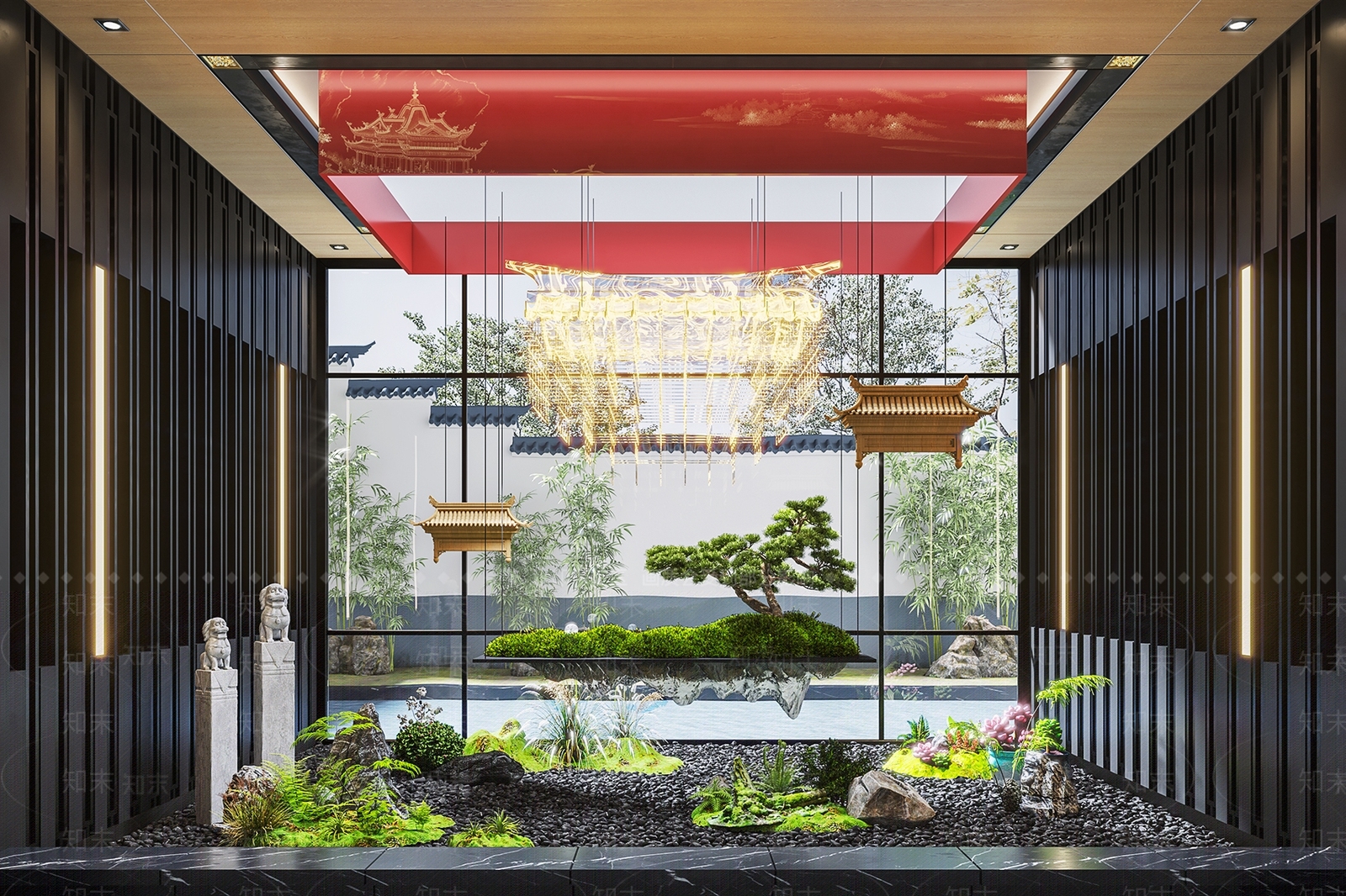 新中式室内景观植物造景3D模型下载【ID:1140537182】