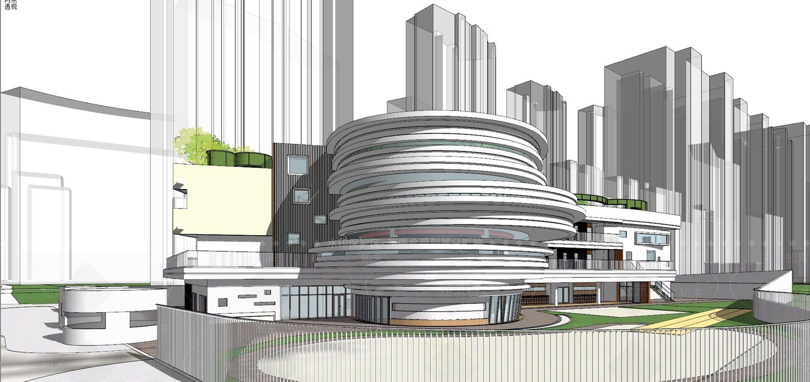 现代圆形幼儿园建筑SU模型下载【ID:1140541021】