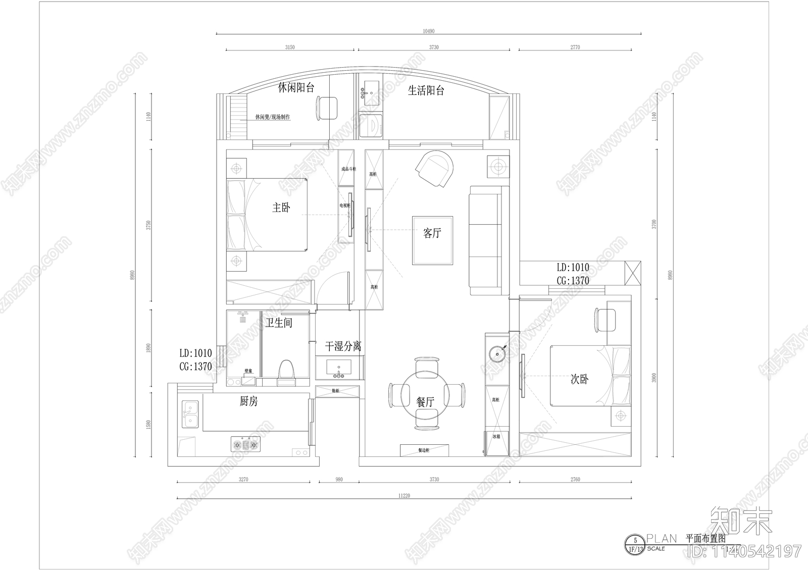 美式100平米平层家装cad施工图下载【ID:1140542197】