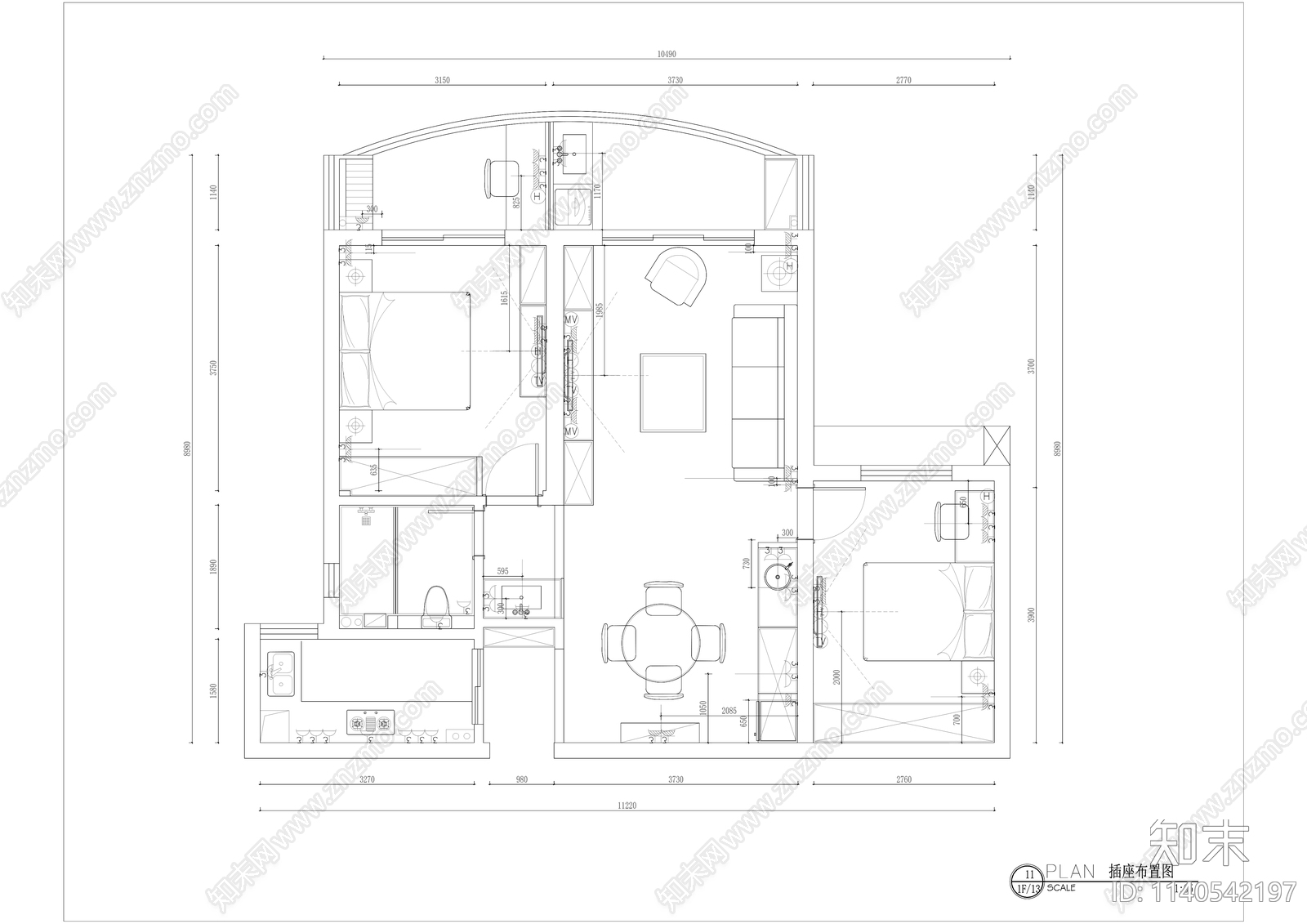 美式100平米平层家装cad施工图下载【ID:1140542197】