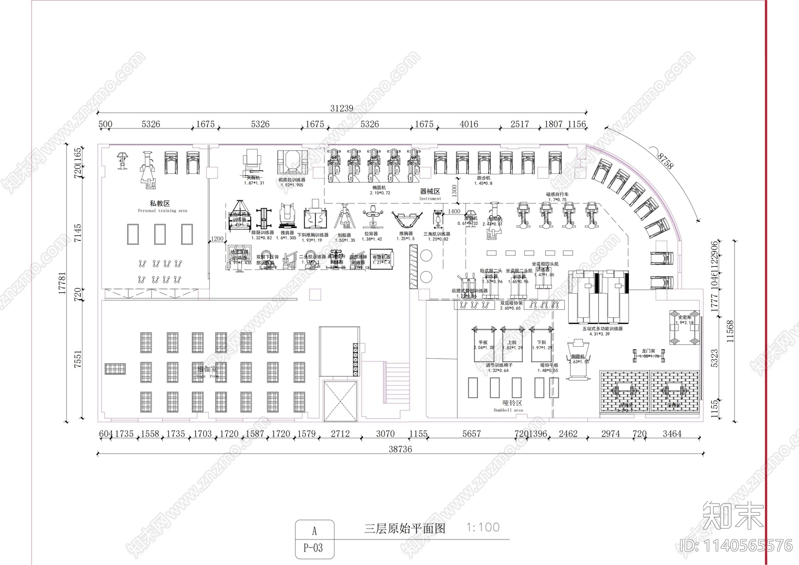 苏家屯健身房平面布置图施工图下载【ID:1140565576】