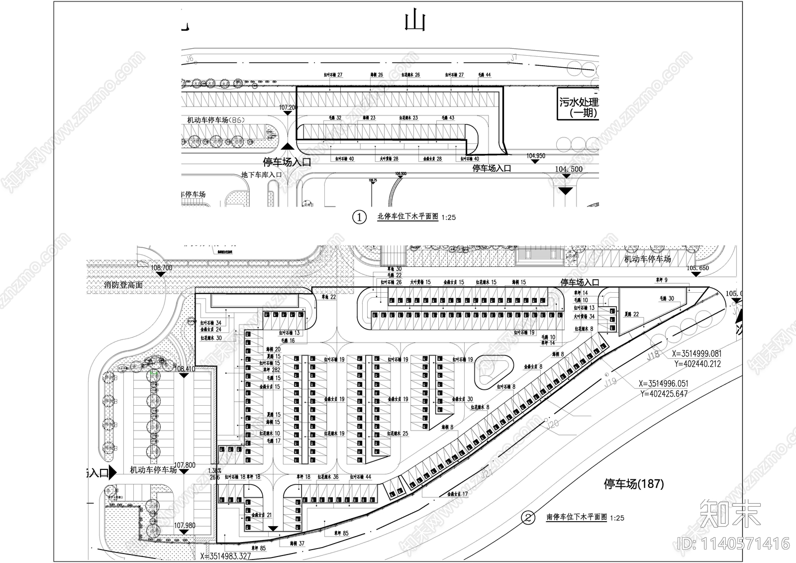 停车场绿化cad施工图下载【ID:1140571416】