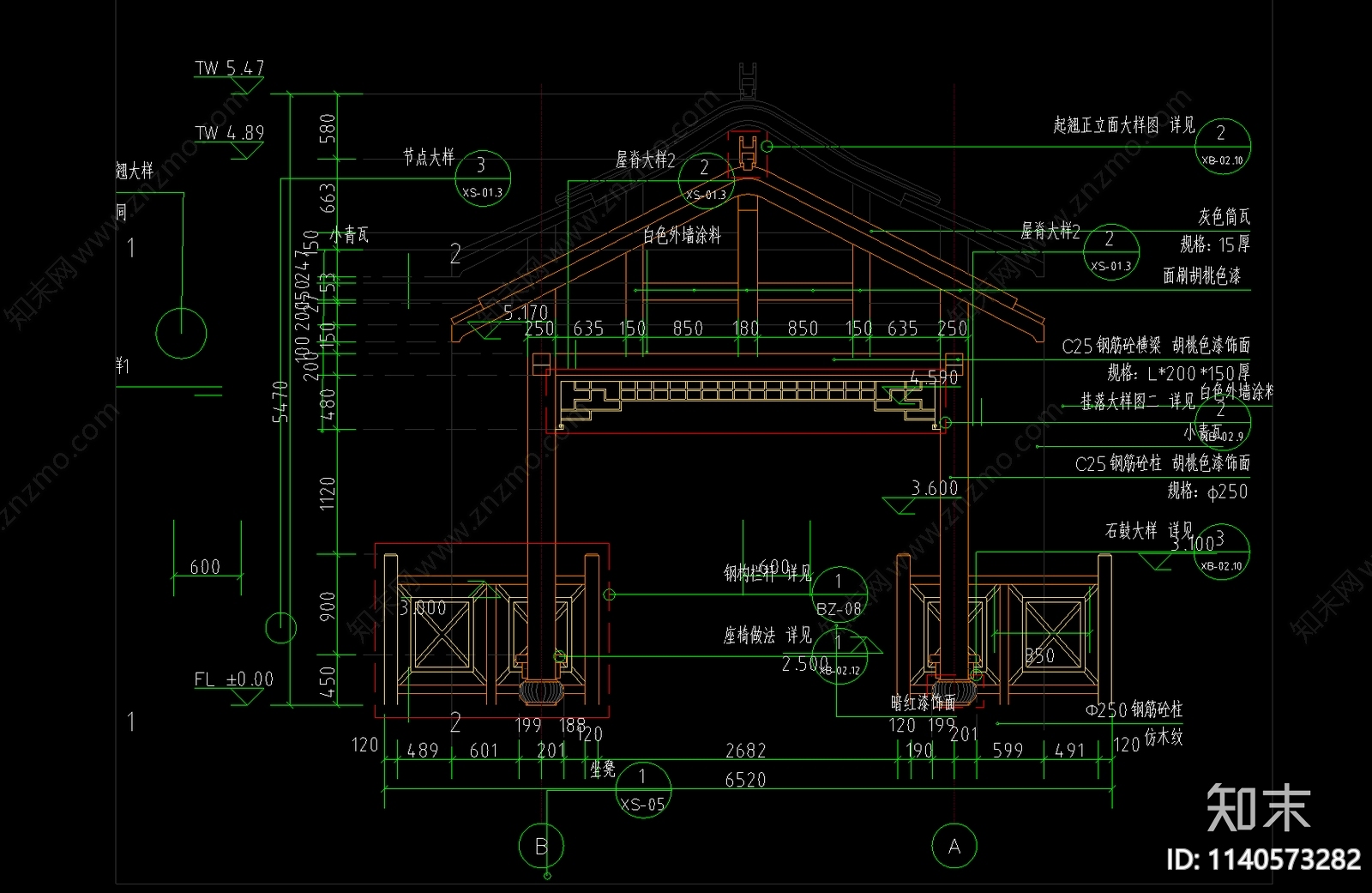 仿古建廊架cad施工图下载【ID:1140573282】