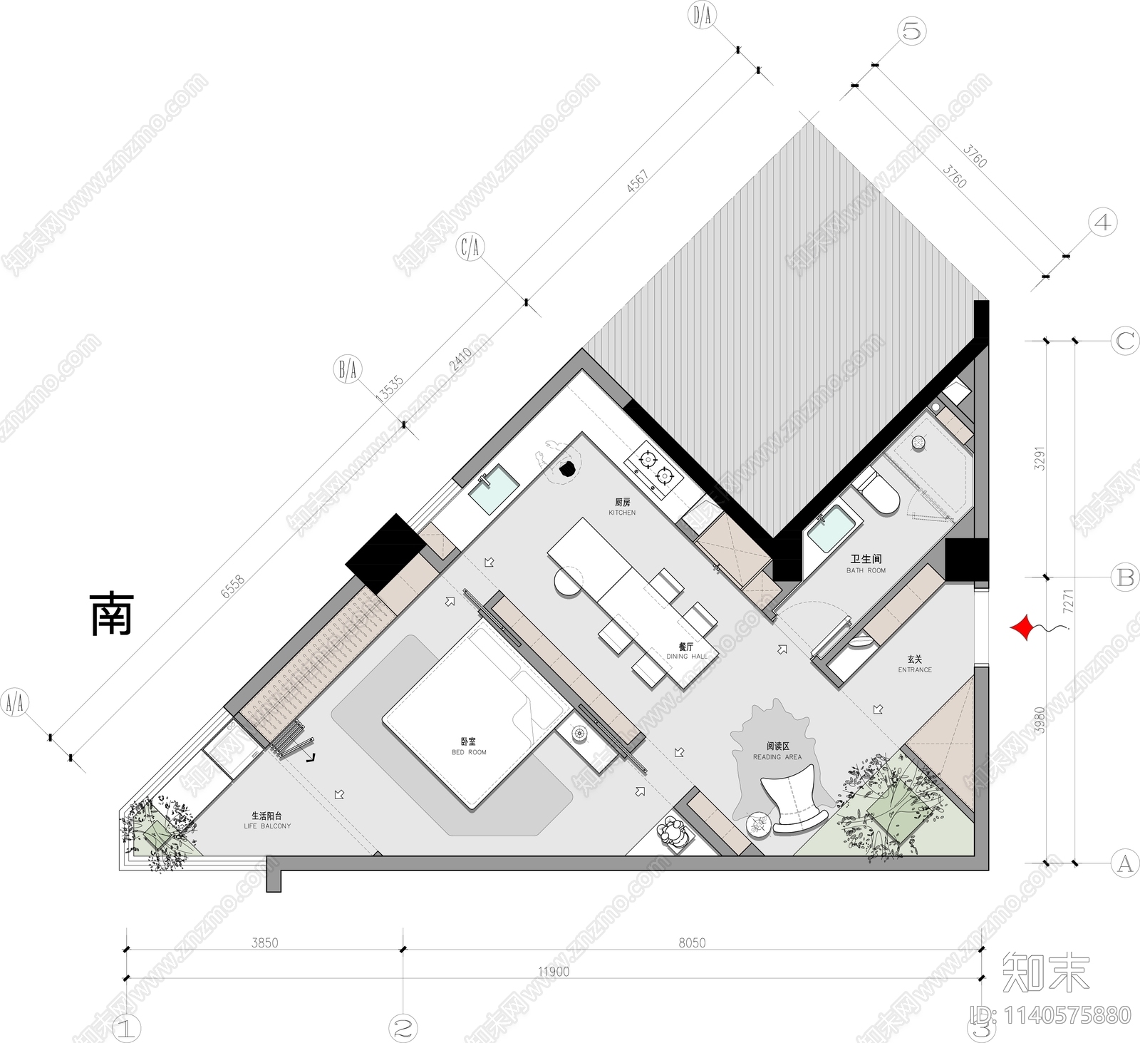 平层家装平面布置图cad施工图下载【ID:1140575880】