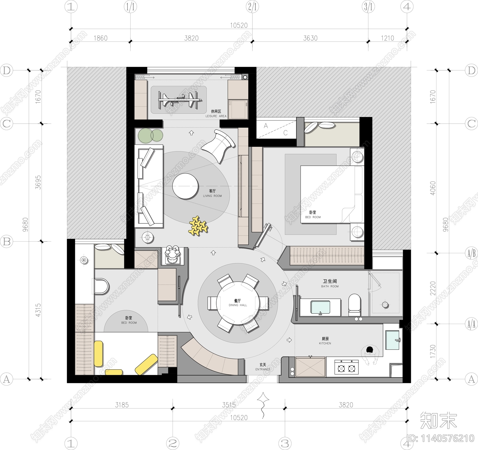 平层家装平面布置图cad施工图下载【ID:1140576210】