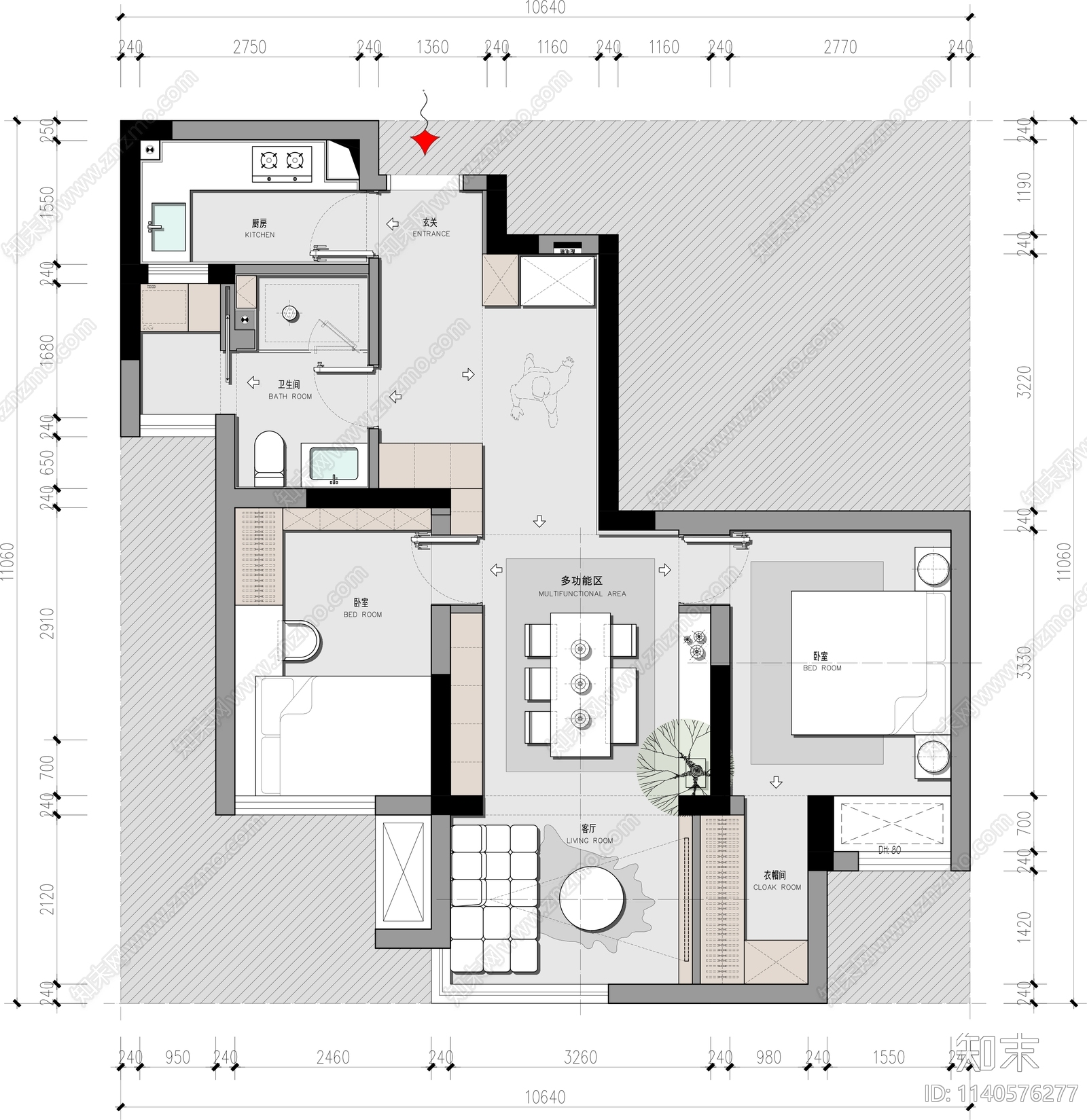 平层家装平面布置图cad施工图下载【ID:1140576277】