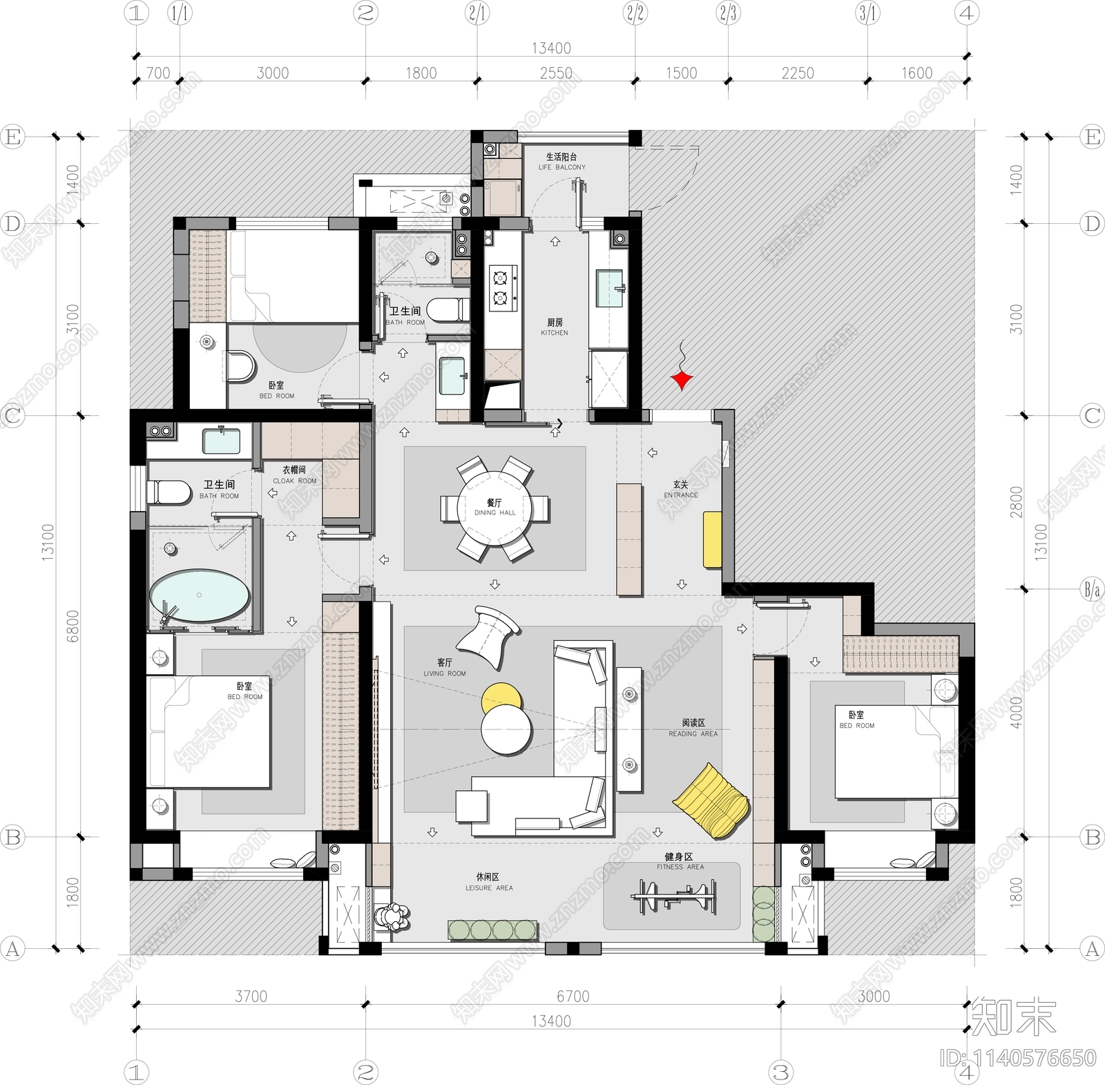 平层家装平面布置图cad施工图下载【ID:1140576650】