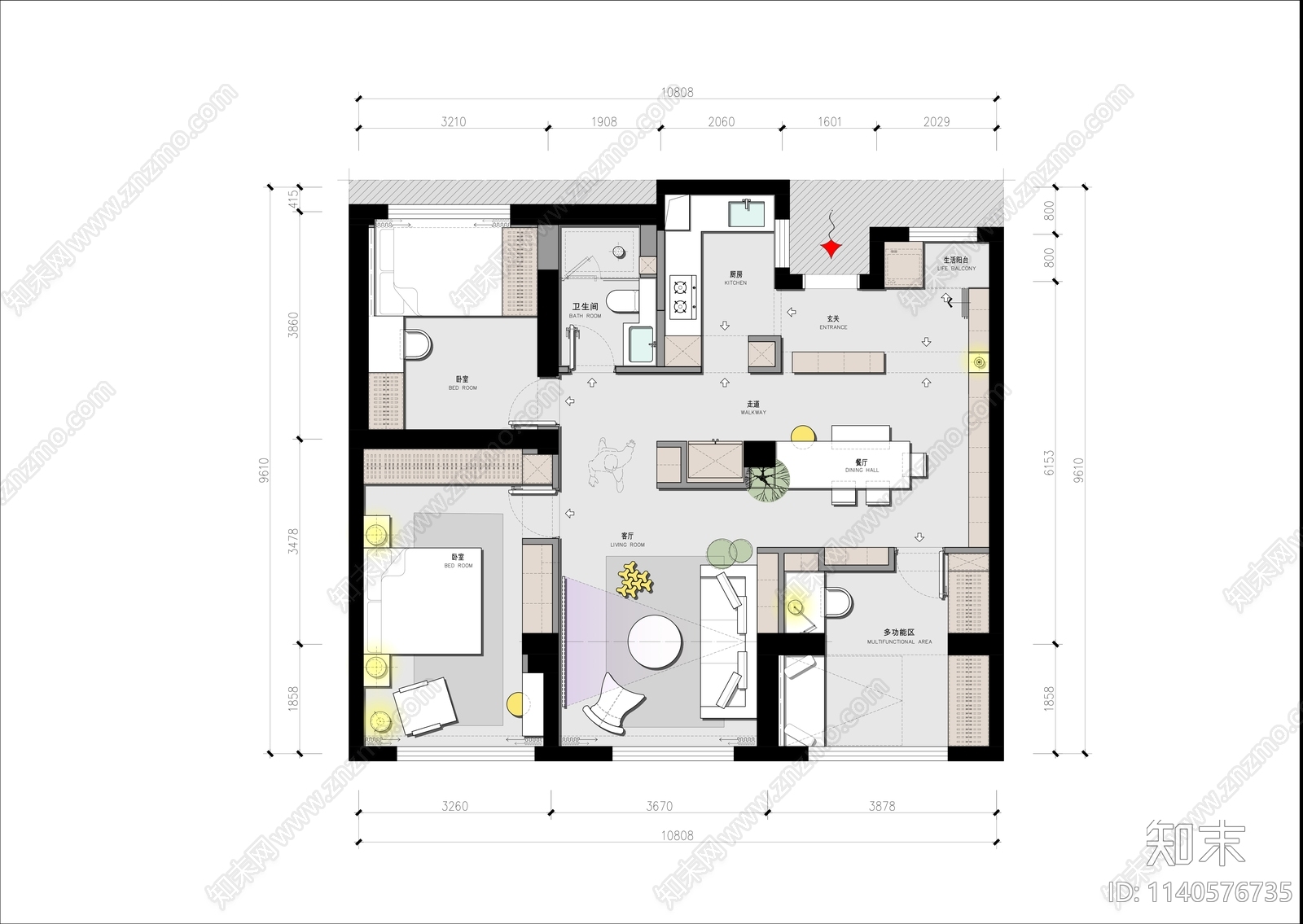 平层家装平面布置图cad施工图下载【ID:1140576735】