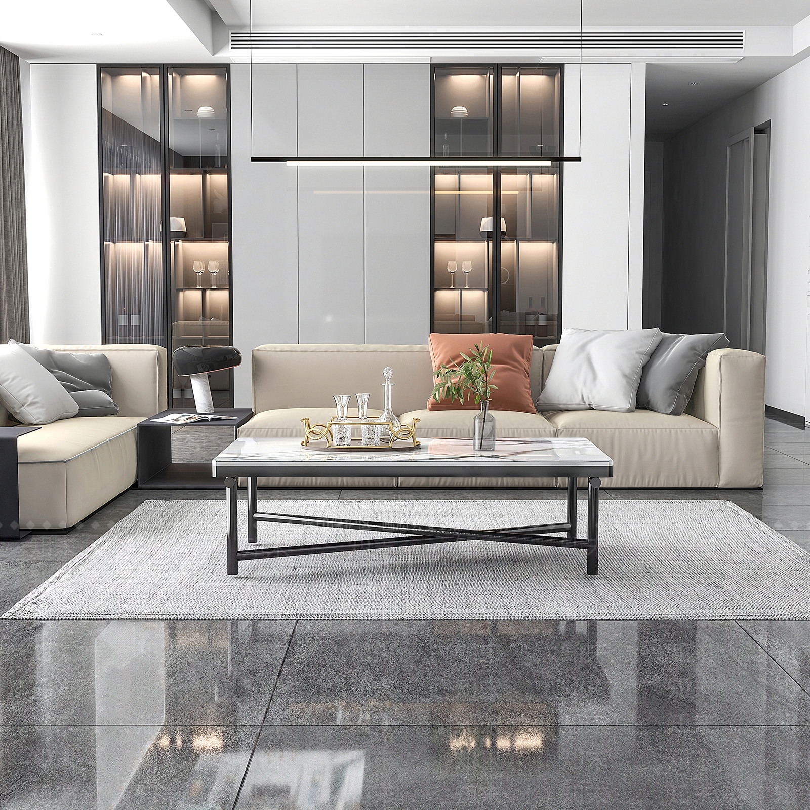 现代客厅黑钛岩板茶几3D模型下载【ID:1140578394】