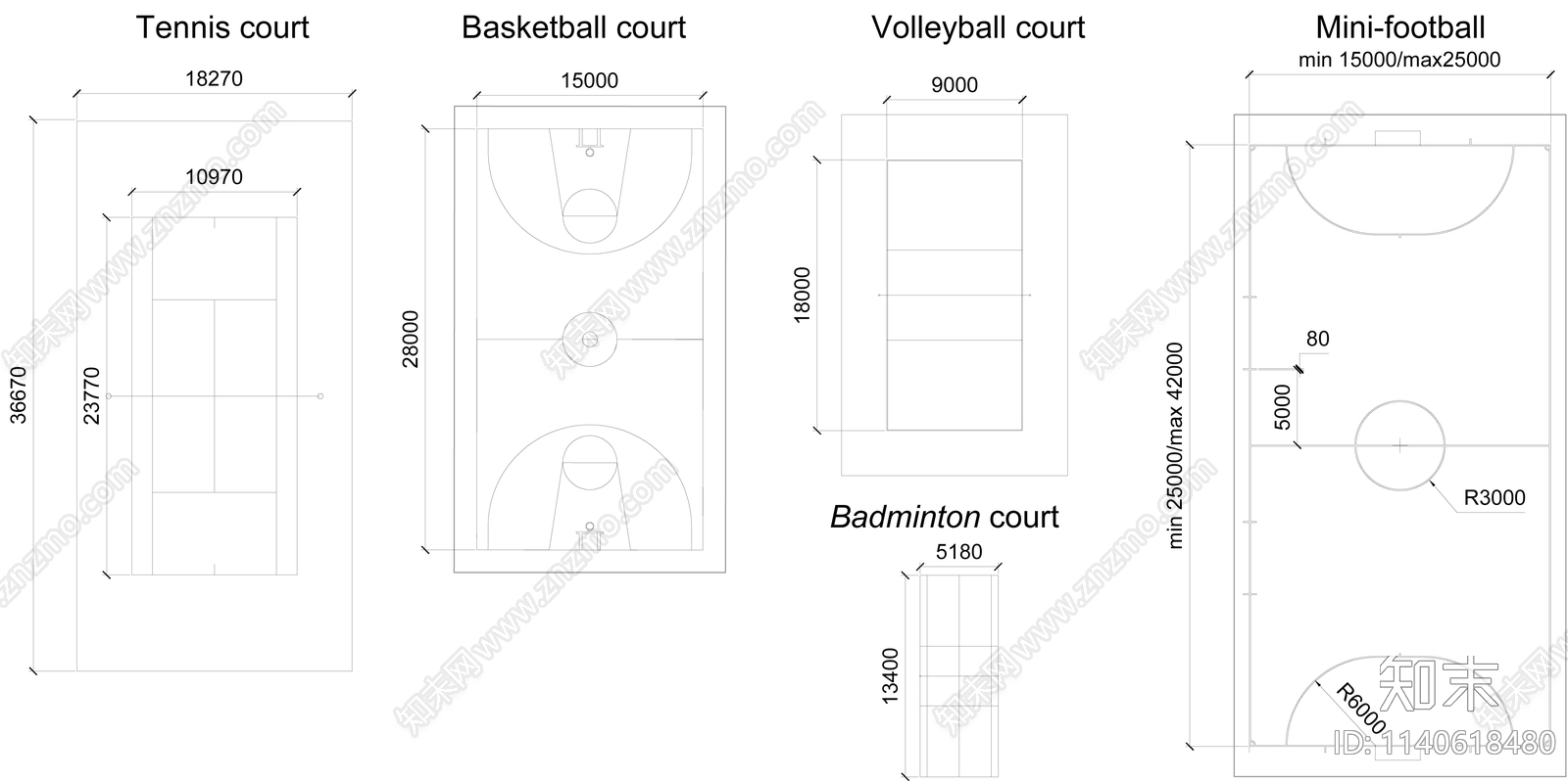 篮球足球网球羽毛球排球场平面图施工图下载【ID:1140618480】