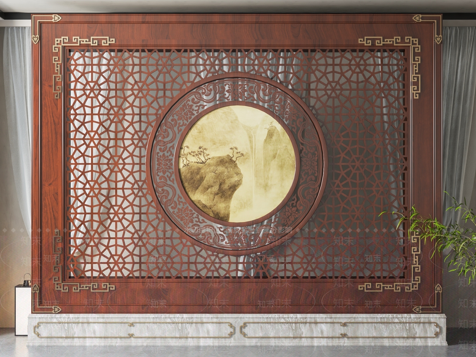 中式背景墙隔断3D模型下载【ID:1140626930】