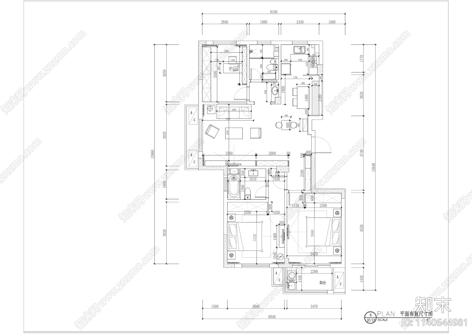 现代120平米三室两厅平层家装cad施工图下载【ID:1140644981】