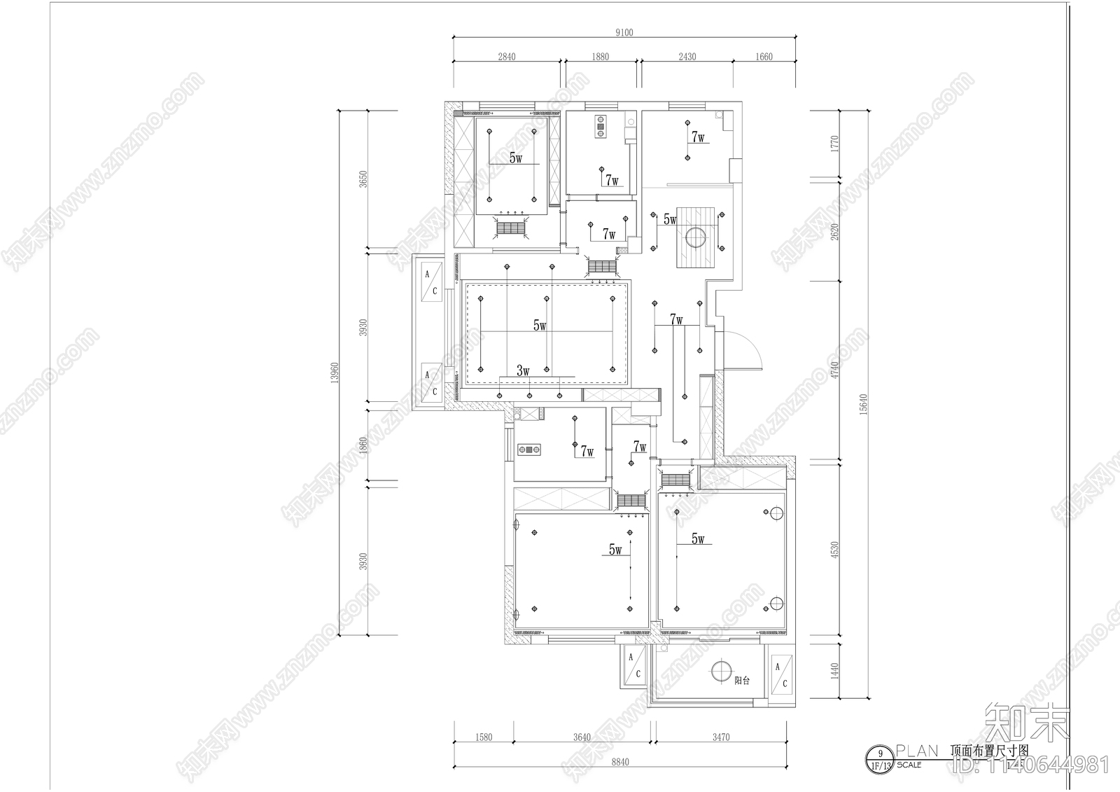 现代120平米三室两厅平层家装cad施工图下载【ID:1140644981】