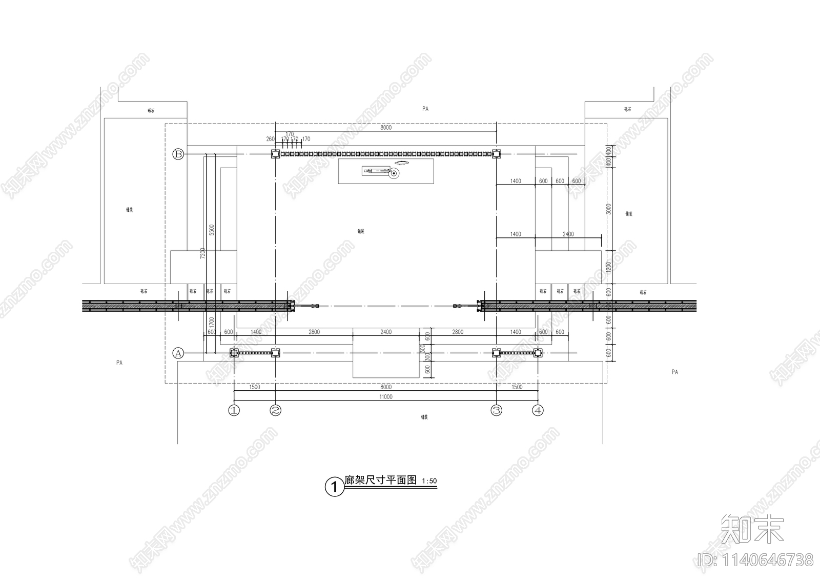 新中式铝板廊架cad施工图下载【ID:1140646738】