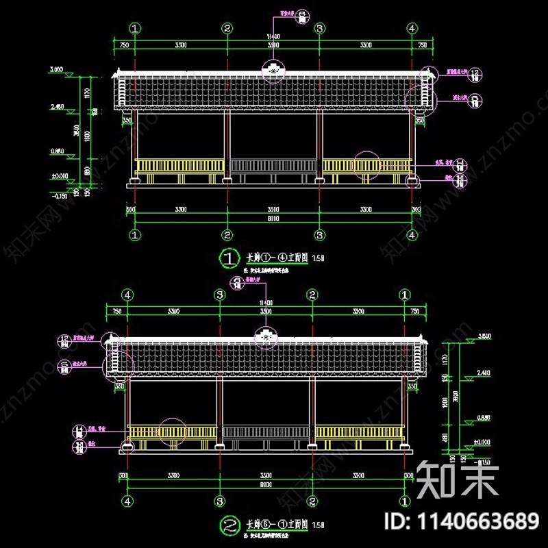 中式木结构长廊cad施工图下载【ID:1140663689】