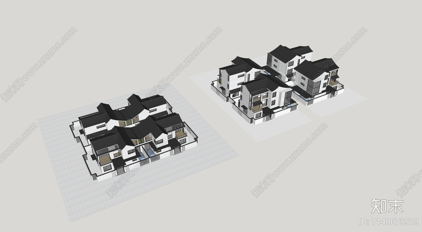 新中式双拼别墅SU模型下载【ID:1140673519】