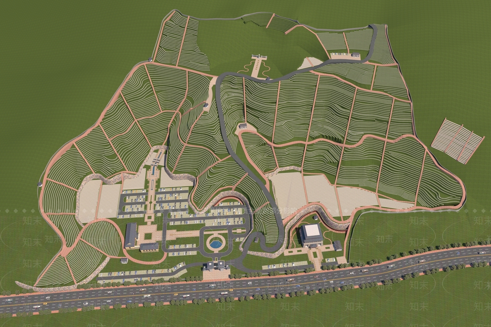 现代陵园鸟瞰图3D模型下载【ID:1140688330】