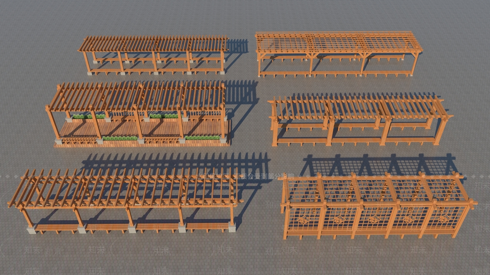 现代长方形木质廊架SU模型下载【ID:1140696435】
