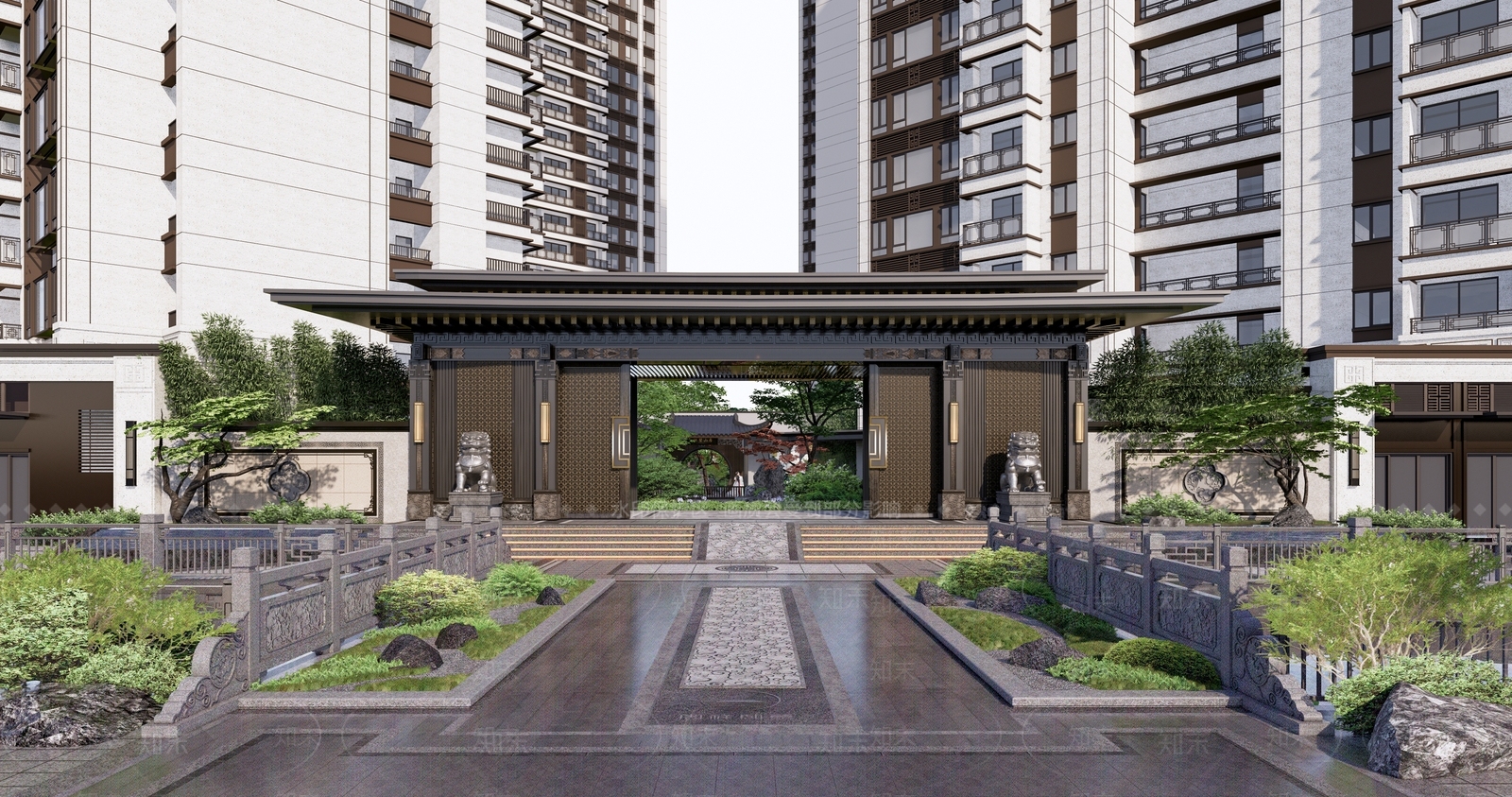 新中式住宅小区入口大门SU模型下载【ID:1140702870】