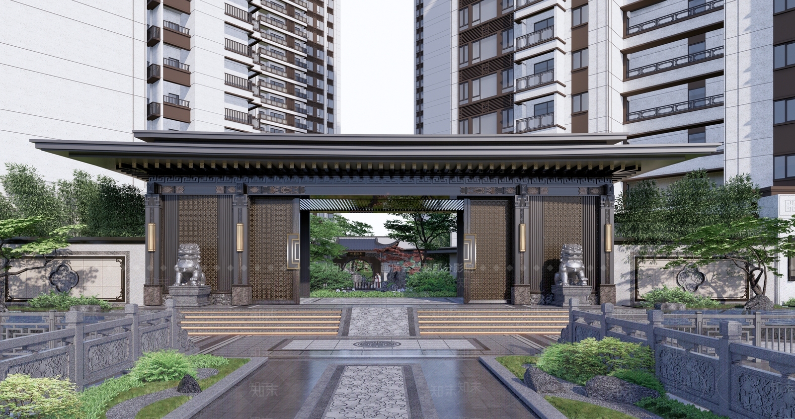 新中式住宅小区入口大门SU模型下载【ID:1140702870】_知末su模型网