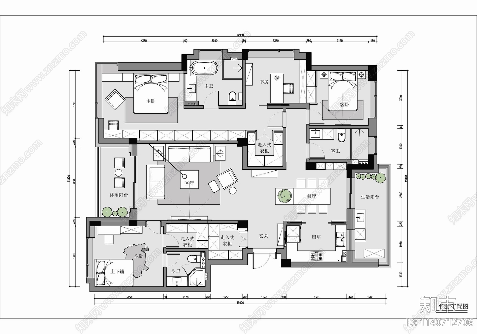 160㎡大平层家装室内cad施工图下载【ID:1140712706】