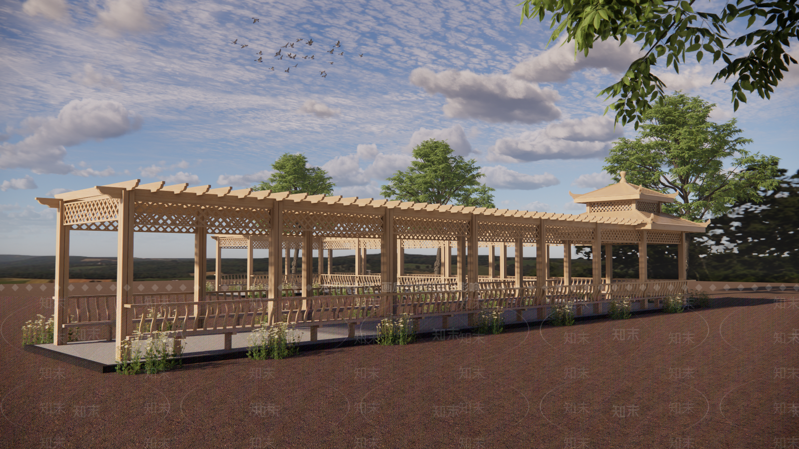 中式防腐木景观廊架SU模型下载【ID:1140877949】