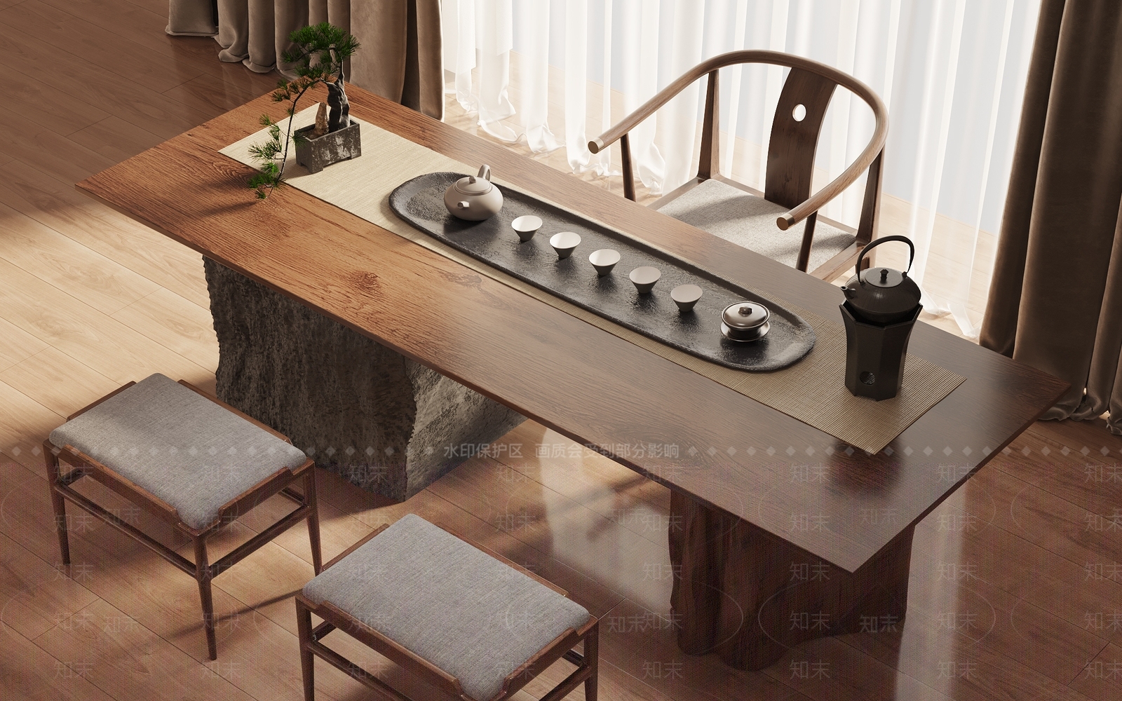 新中式茶桌椅组合3D模型下载【ID:1140734376】
