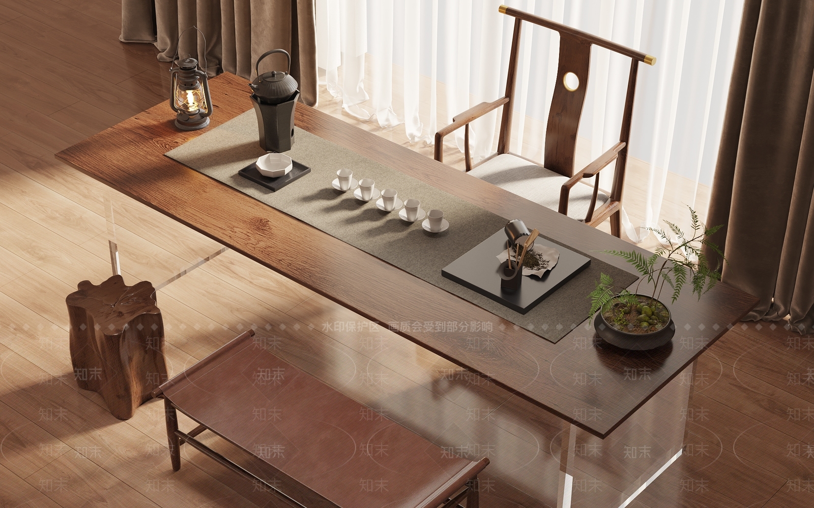 新中式茶桌椅组合3D模型下载【ID:1140734397】