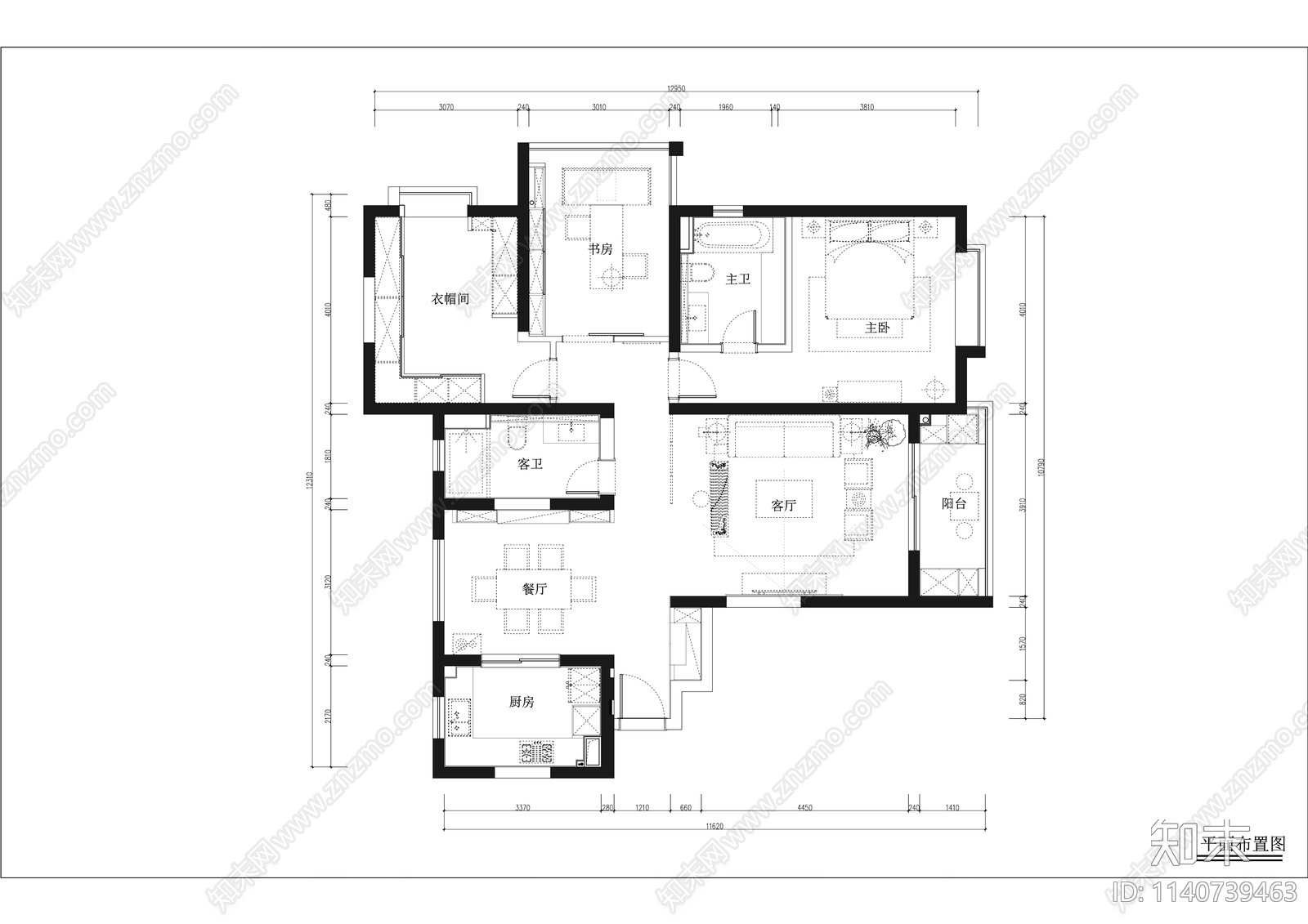 万科中式140平米三室两厅大平层装修cad施工图下载【ID:1140739463】