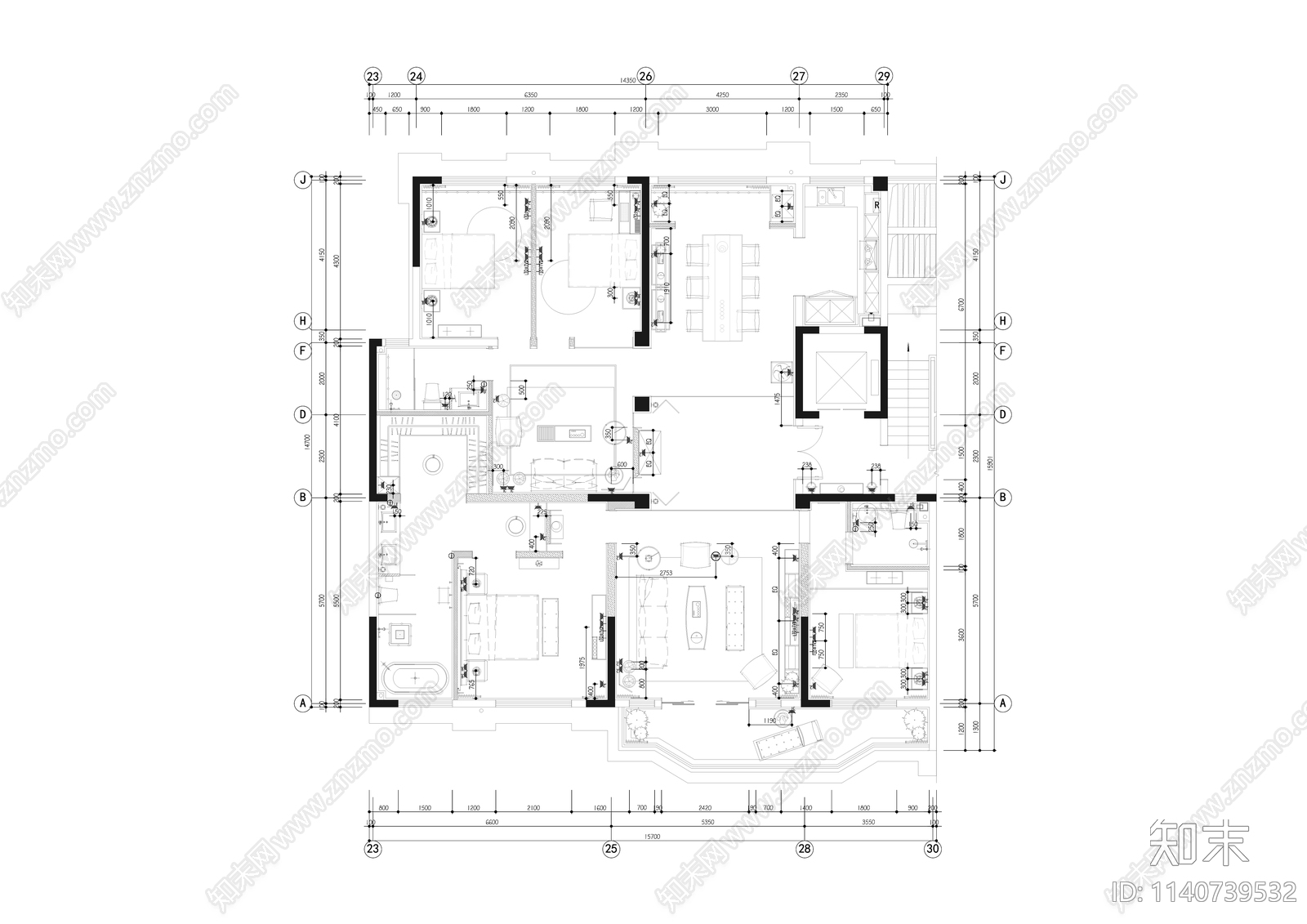 中式220平米五室两厅大平层装修cad施工图下载【ID:1140739532】