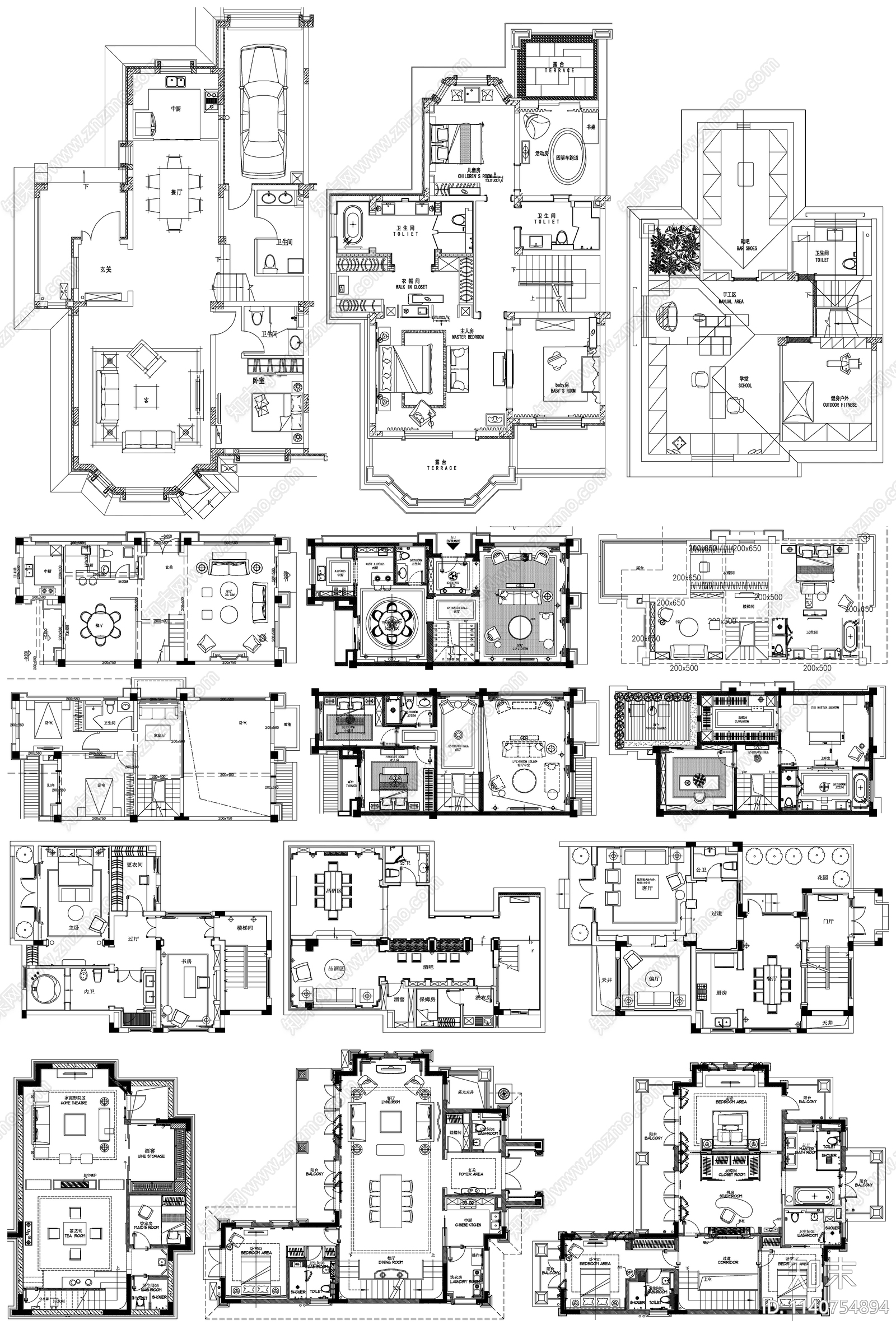 家装平面布置图合集cad施工图下载【ID:1140754894】