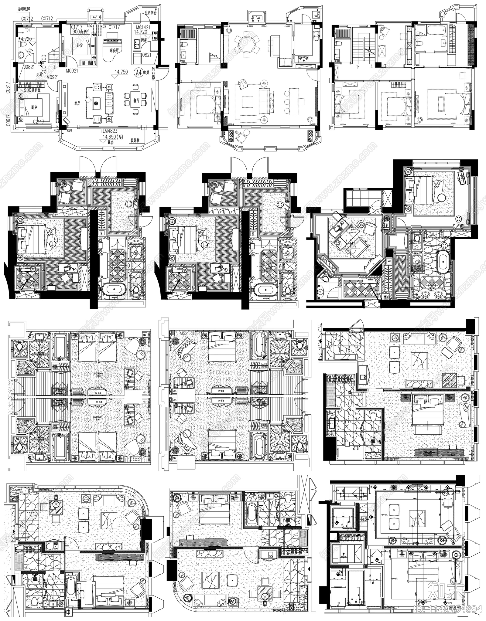 家装平面布置图合集cad施工图下载【ID:1140754894】