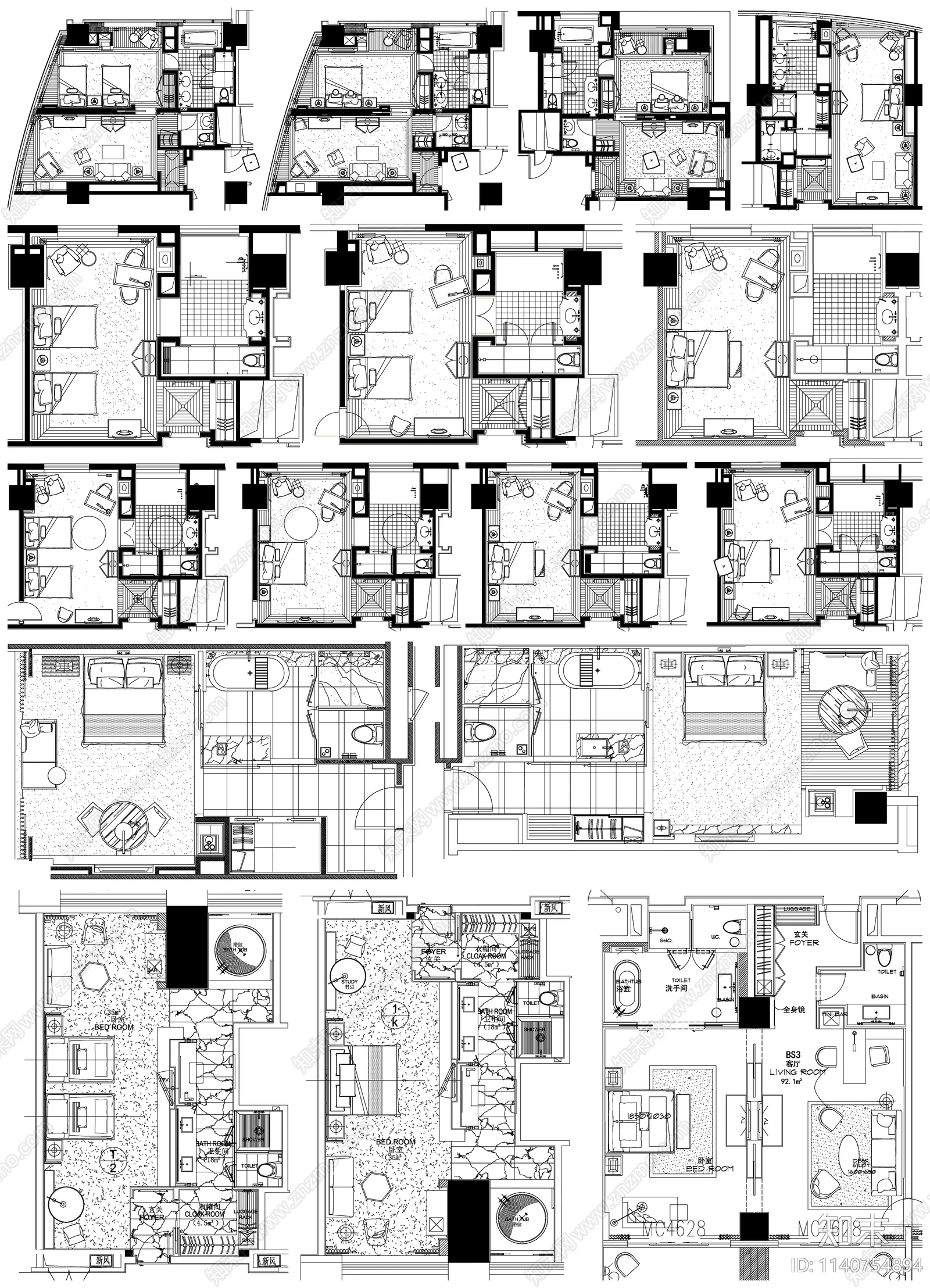 家装平面布置图合集cad施工图下载【ID:1140754894】