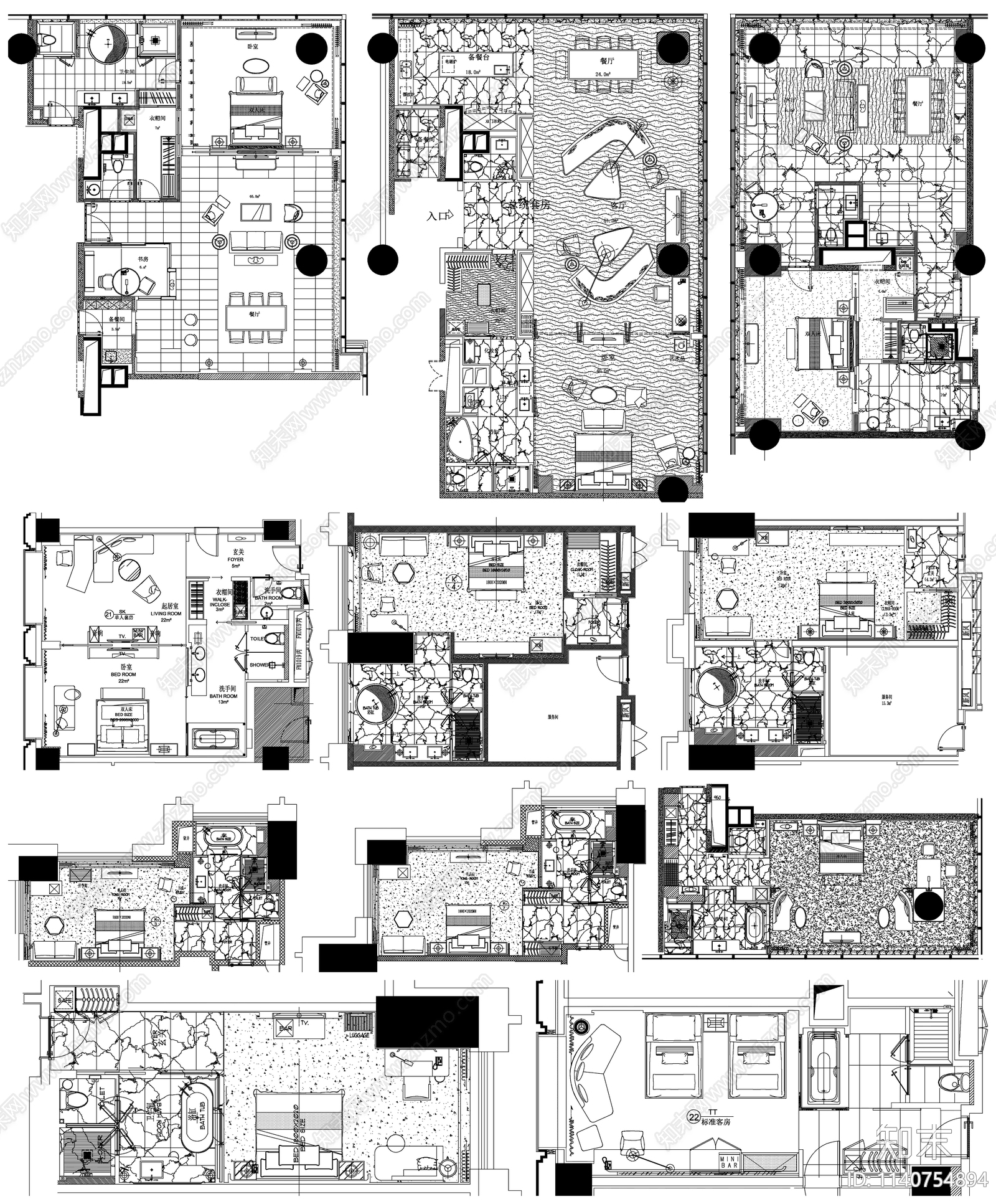 家装平面布置图合集cad施工图下载【ID:1140754894】