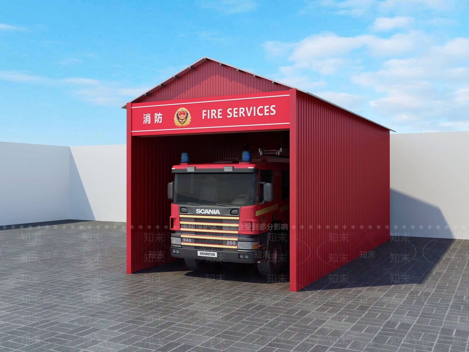 现代消防车库3D模型下载【ID:1140755857】