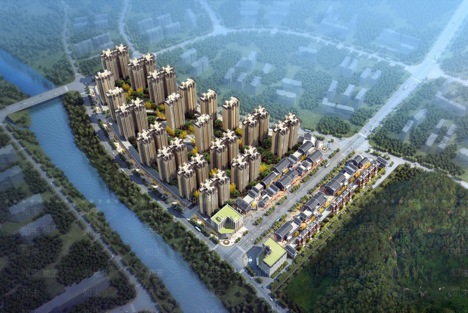 欧式高层住宅小区鸟瞰规划3D模型下载【ID:1140763657】