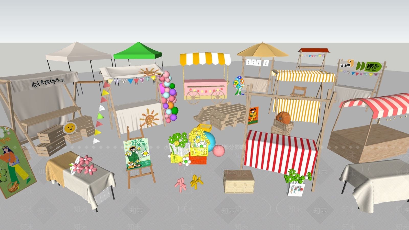 现代集市摊位SU模型下载【ID:1140794355】