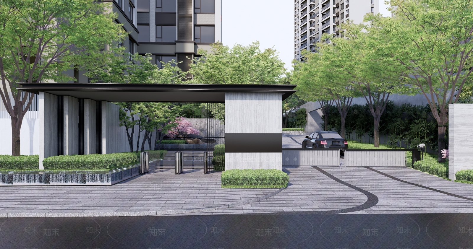 现代住宅小区次入口大门SU模型下载【ID:1140801446】