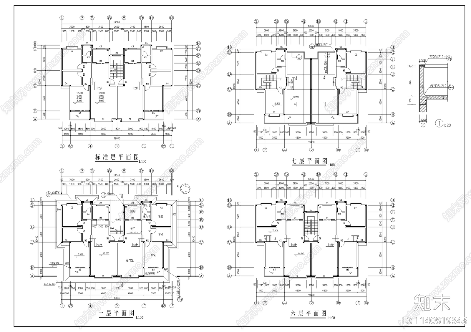 6层住宅建筑cad施工图下载【ID:1140819345】