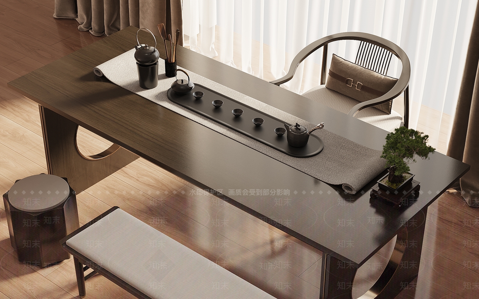 新中式茶桌椅组合3D模型下载【ID:1140820927】