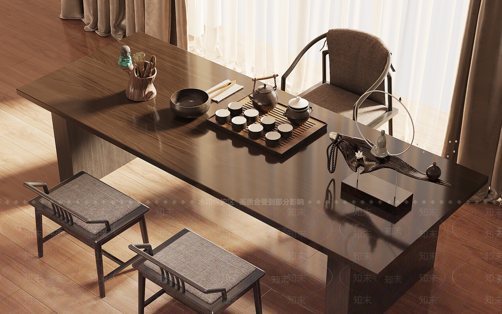 新中式茶桌椅组合3D模型下载【ID:1140821059】