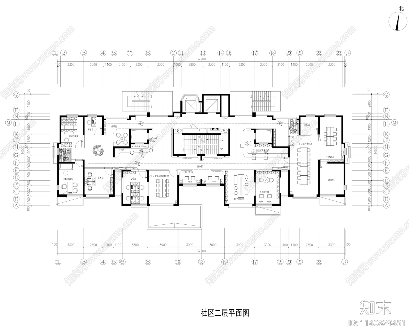 小区一楼二楼社区服务中心平面图cad施工图下载【ID:1140829451】