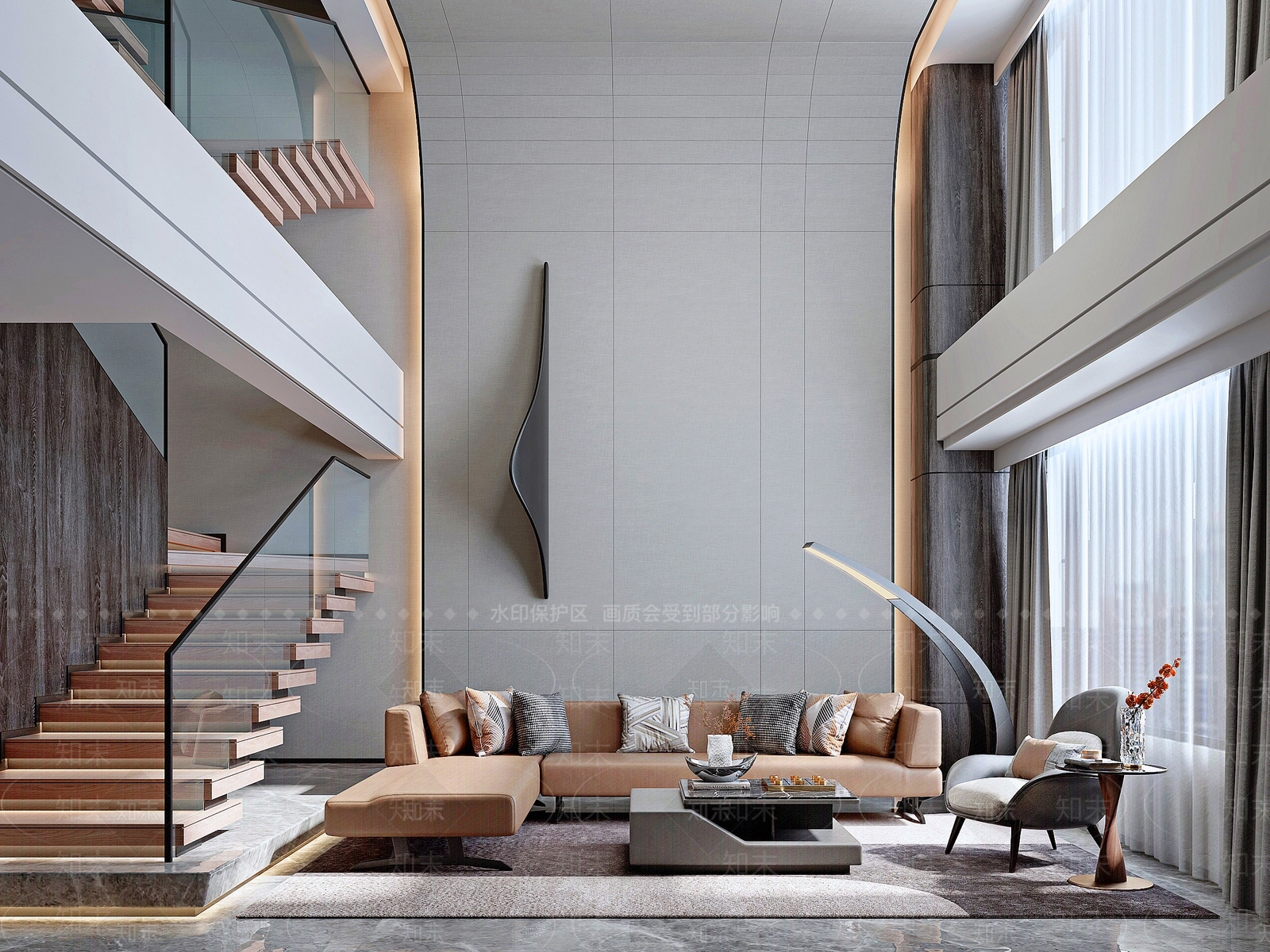 现代复式别墅客厅3D模型下载【ID:1140854186】