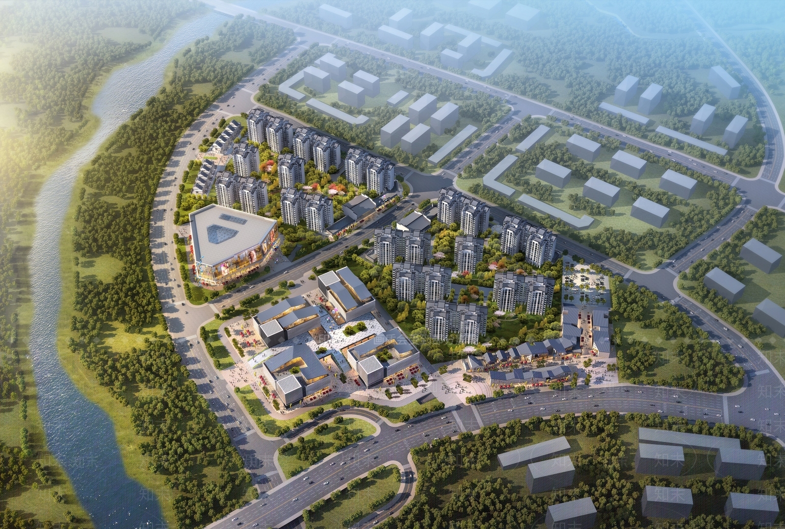 新中式高层住宅小区鸟瞰规划3D模型下载【ID:1140855952】